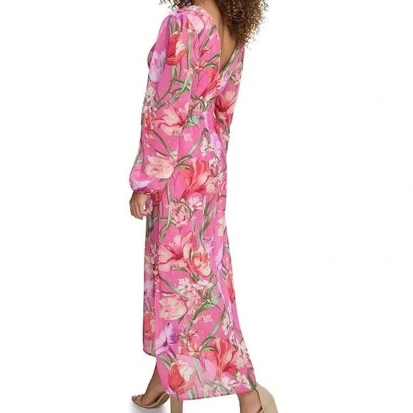 Siena Dress Women Sizes 2, 8 & 10 Pink Floral Long Sleeve Maxi O-Ring V-Neck NWT - Picture 2 of 16
